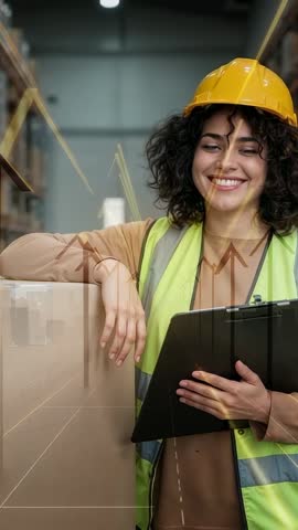 Smiling warehouse worker checking inventory on clipboard with upward arrows vertical video