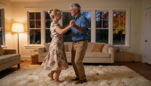 Senior couple dancing barefoot on plush rug in cozy autumn evening living room