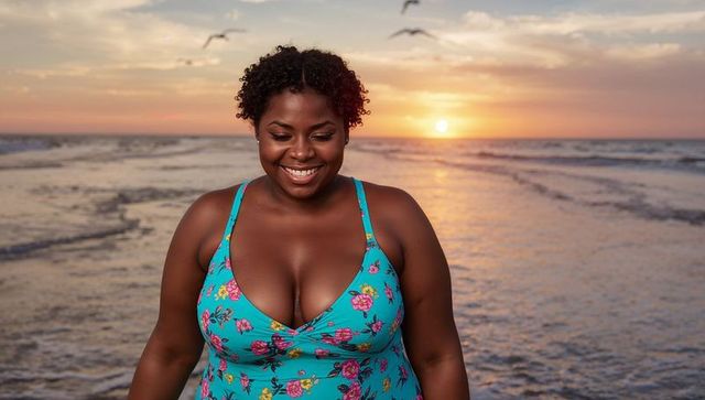 Smiling plus-size woman wearing teal floral swimsuit walking shoreline during golden sunset