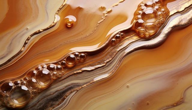 Flowing amber marble with metallic bubbles and gold veins, viscous abstract art