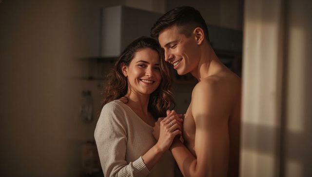 Smiling couple holding hands in sunlit cozy kitchen, intimate morning moment