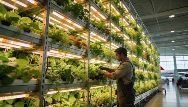 Tending worker trimming vertical herb racks in airport terminal under led grow lights