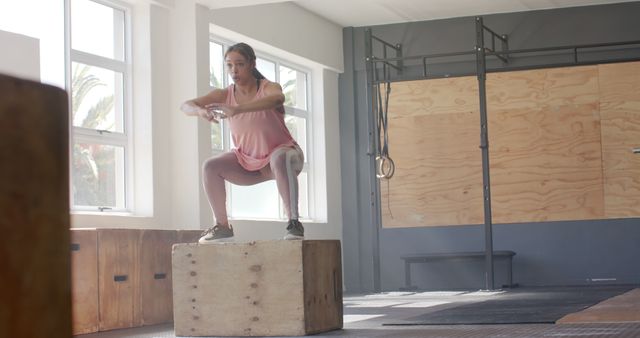 Young woman working out in a gym doing box jump exercise. Ideal for use in health and fitness promotional materials, workout guides, and motivational posters.