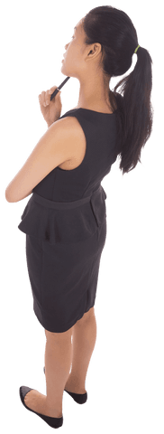 Thoughtful businesswoman in black dress on transparent background