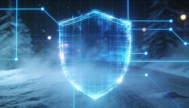 Futuristic Holographic Shield Protecting Cyber Network Over Snowy Road at Night