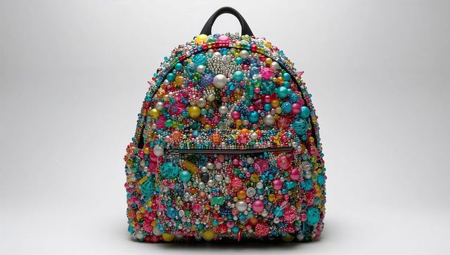 Shimmering beaded backpack sparkling with multicolor pearls, beads, charms and metallic accents