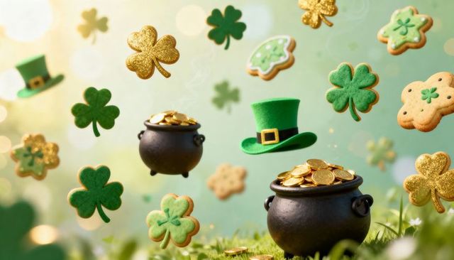 Sunlit st patrick's day pot of gold brimming coins, floating shamrocks and leprechaun hats