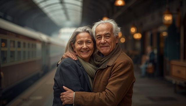 Senior couple embracing on vintage train platform conveying warmth, romance, nostalgia