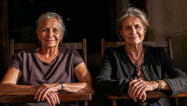 Sunlit porch portrait of two senior women sitting side by side, sharing quiet companionship