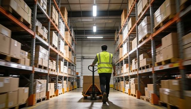 Warehouse worker pulling pallet jack down warehouse aisle with stacked boxes and hi-vis vest