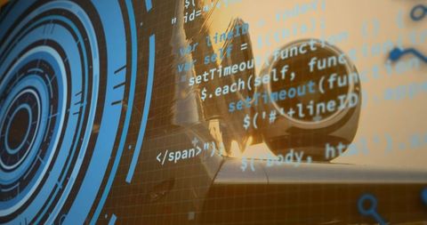 Camera lens and digital code overlay in studio setting