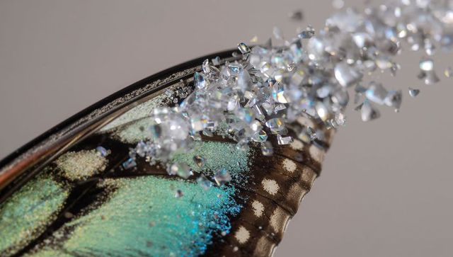 Macro butterfly wing sparkling with clear crystals and turquoise iridescence