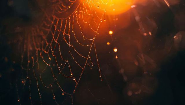Dew-Covered Spider Web Illuminated by Morning Sunlight