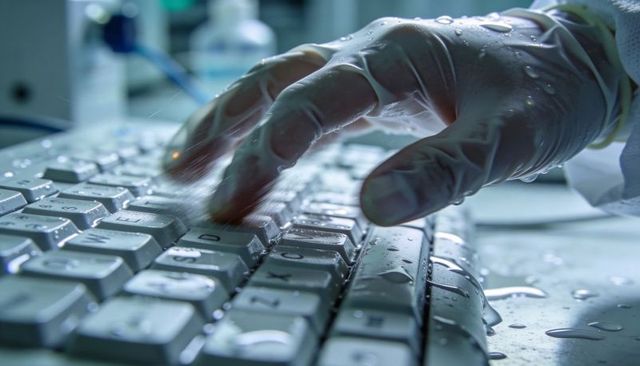 Gloved hand typing on wet laboratory keyboard with water droplets, sterile tech concept