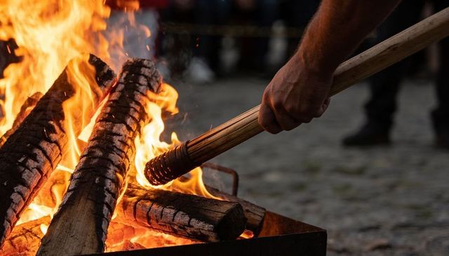 Stoking bonfire with wooden pole close-up showing embers, flames and rustic warmth