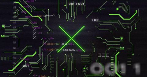 Glowing Green X Pulsing Over Digital Circuit Traces Cybersecurity Malware Concept