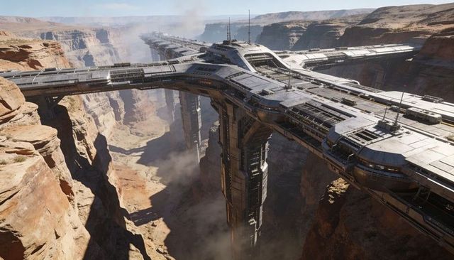 Spanning futuristic bridge hub across red rock canyon rim — ultramodern desert viaduct
