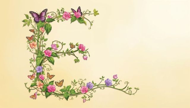 Botanical Letter E Made from Flowers and Butterflies on Beige Background
