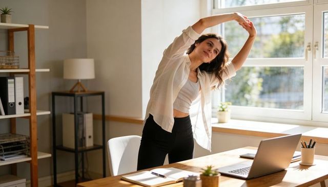 Young woman stretching at home office desk with laptop during sunny work-from-home break