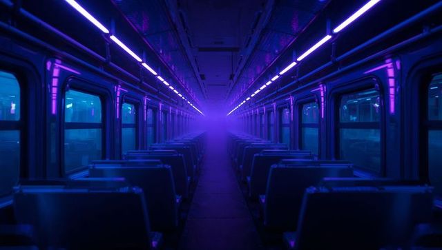 Futuristic subway car with neon purple lighting
