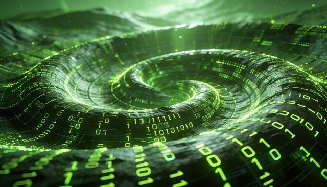 Spiraling green binary vortex drawing eye into virtual data field cyber grid matrix