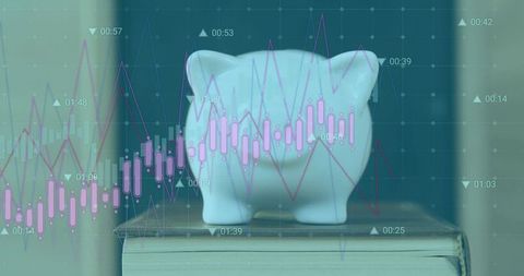 Ceramic piggy bank portraying personal savings and investment with candlestick charts