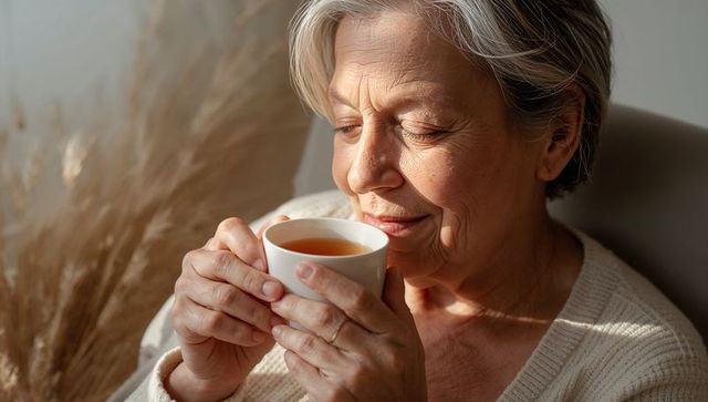 Serene mature woman savoring warm tea in sunlit cozy moment at home