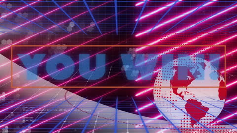 You Win Text with Futuristic Tech Globe in Neon Glitch Theme