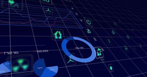 Holographic 3d blue donut chart highlighting segment on navy grid data dashboard