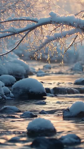 Sunlight Shifting Over Snowy Branches with Icicles Dripping into Creek at Golden Hour