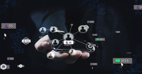Businessman holding smartphone projecting holographic network nodes with chat and alert badges