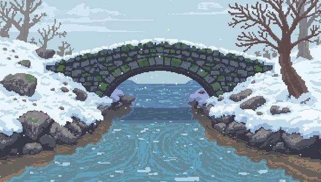 Mossy stone arch bridge over winter river with falling snow pixel art scenic landscape