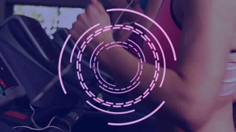 Person Training on Treadmill with Digital Overlay in Gym Environment