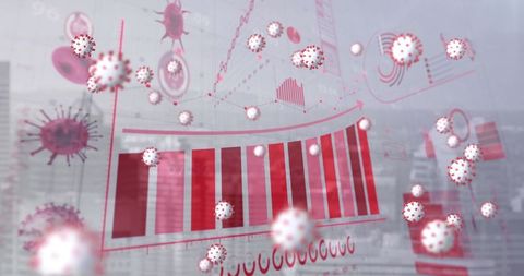 COVID-19 Cells Floating Over Stats and Cityscape Illustration