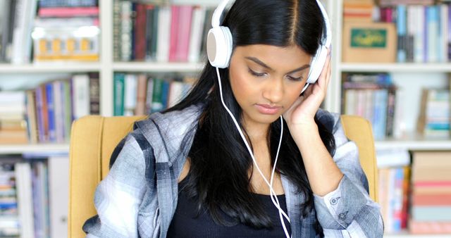 Woman listening to music with headphones at home