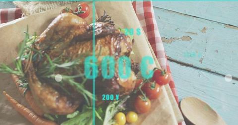 Roasting Whole Chicken with Rosemary and Cherry Tomatoes on Rustic Table with Teal Overlay