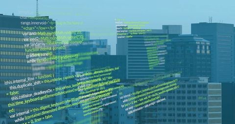 Futuristic Code Overlay Displaying across Urban Skyline - Download Free Stock Images Pikwizard.com