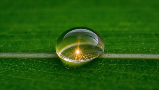 Glittering water droplet resting on green leaf vein with sunlike sparkle and prism