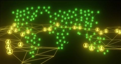 Global network connecting glowing user nodes with neon data flow and mesh visualization