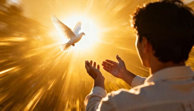 Man releasing white dove into golden sun rays at sunset