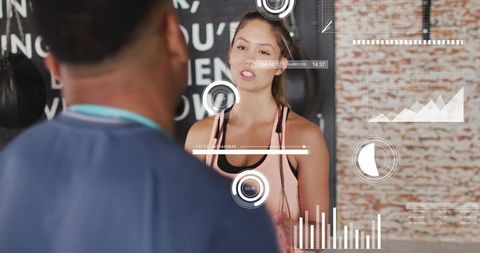 Female fitness trainer coaching client with jump rope and performance hud overlay