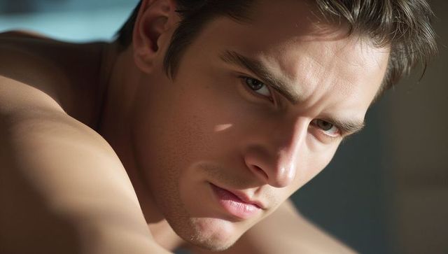 Moody Closeup Portrait of Shirtless Young Man Gazing Intensely with Dramatic Lighting