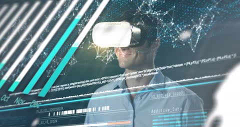 Businessman Using VR Headset in Digital Data Environment