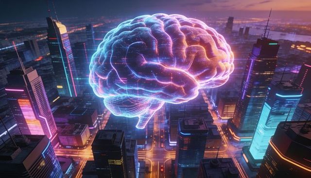 Neon holographic brain hovering above cyberpunk cityscape at dusk