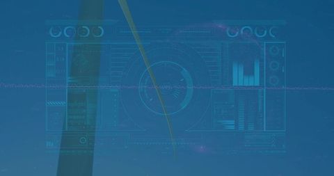 Holographic space hud displaying central reticle, trajectory arc, waveform and data panels