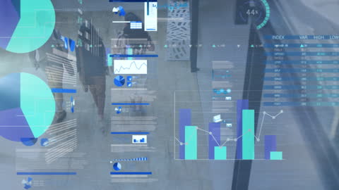 Digital Charts Overlay Business Team in Corridor