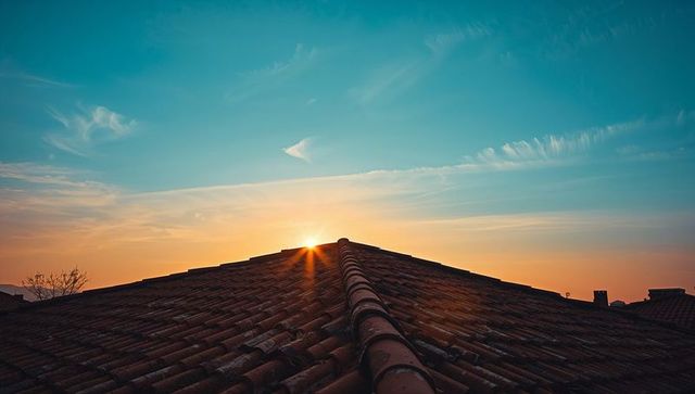 Sunset Over Roof with Red Tiles and Vibrant Sky
