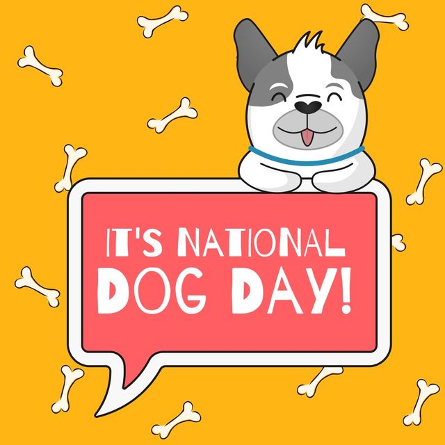 Vibrant illustration depicting National Dog Day message with a cute puppy cartoon and bones on a bright yellow background. Perfect for use in social media posts, greeting cards, pet industry marketing materials, and event announcements promoting pet-friendly events or offers.