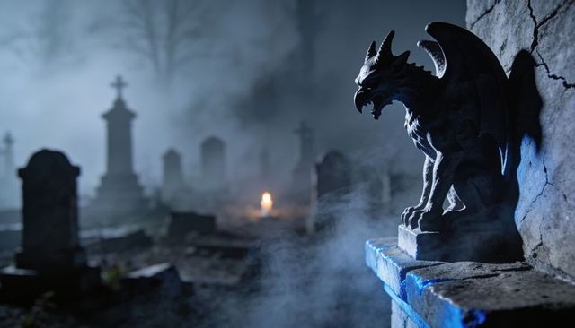 Perching gargoyle sentinel watching over foggy nighttime graveyard with candlelight gothic mood