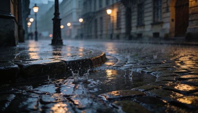 Raindrops splashing on wet cobblestone street at dusk with warm lamp reflections